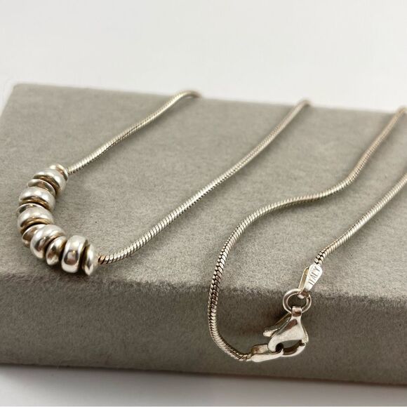 Italy 925 Sterling Silver Snake Chain Silver Beaded Dainty Trendy Necklace - Picture 2 of 8